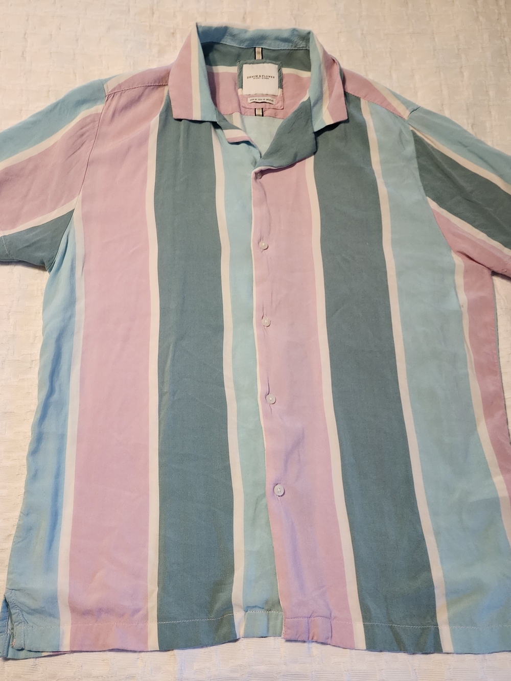 Denim & Flower Pastel Stripe Short-Sleeve Button-Down Shirt - Pink/Blue/Green